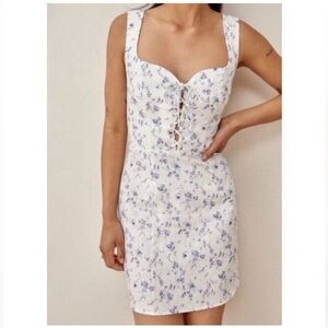 Reformation Elettra  linen White and Blue Floral Mini Dress